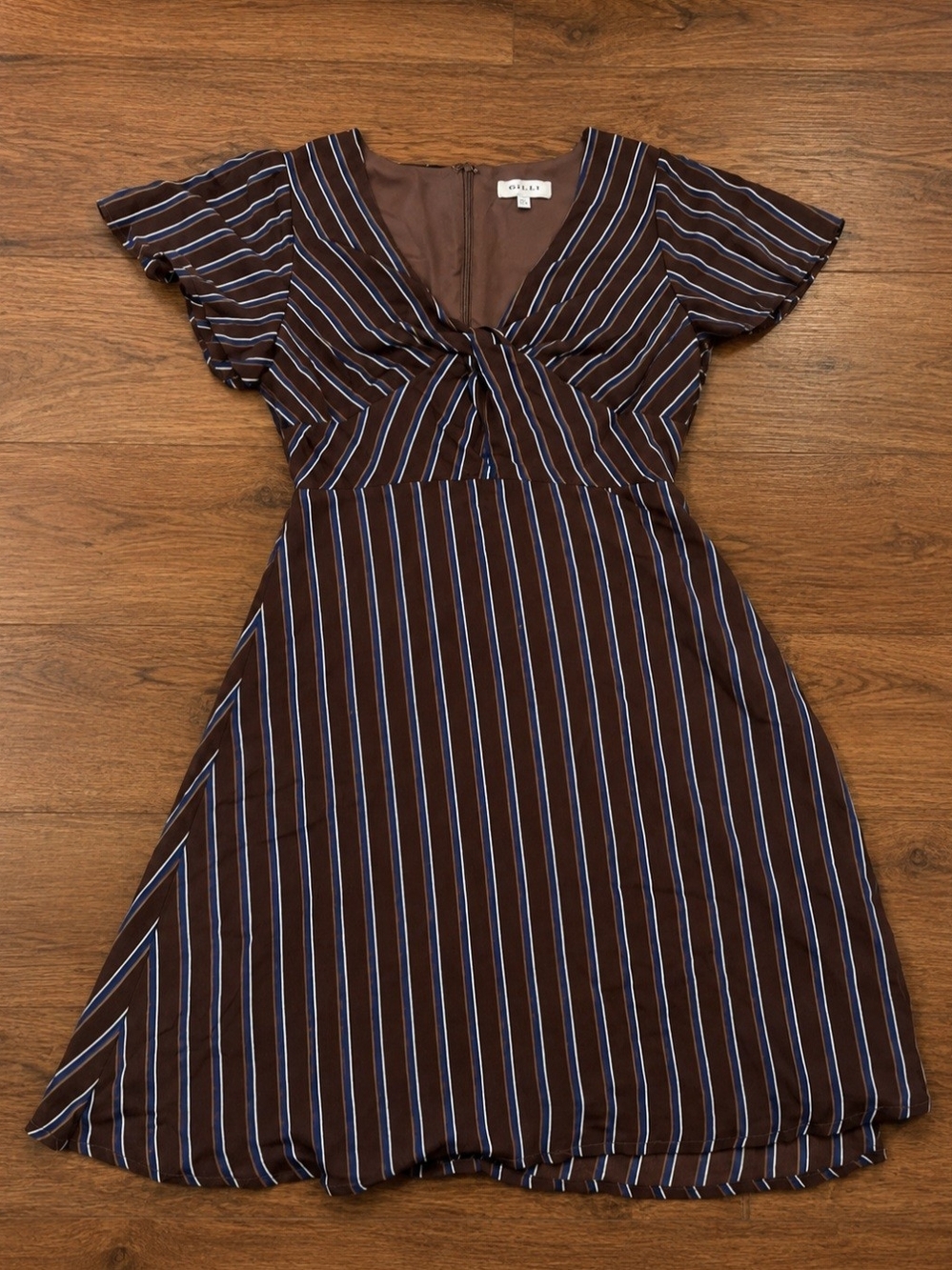GILLI Brown & Blue Striped Midi Dress S Y2K Retro V-Neck